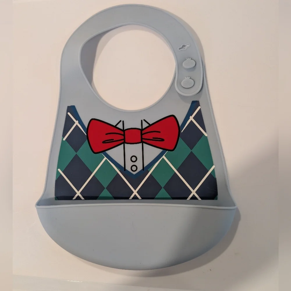 Free When Bundled - Silicone Bib with Red Bow Tie and Argyle Pattern